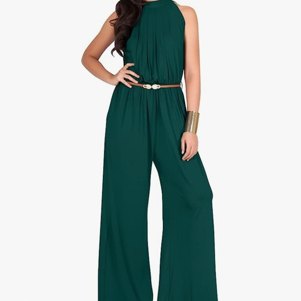 KOH KOH JUMPSUIT Wide Leg Pants Sleeveless Suit Romper Emerald Halter Style NWT